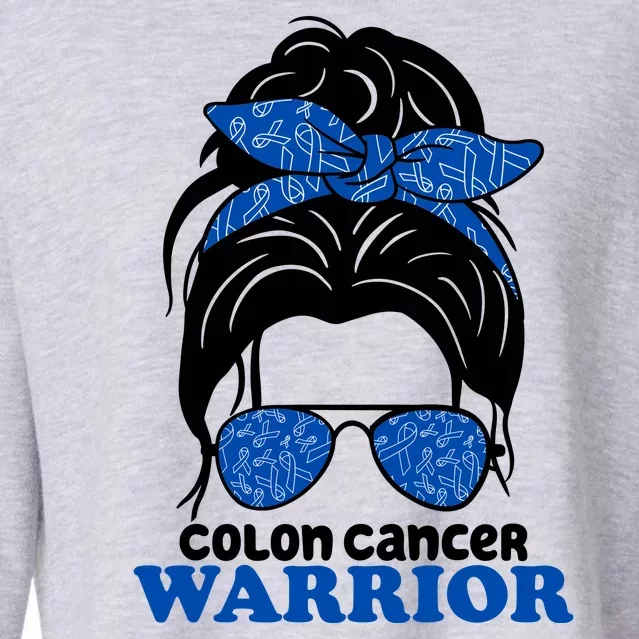 Colon Cancer Warrior Hair Bun Awareness Cropped Pullover Crew