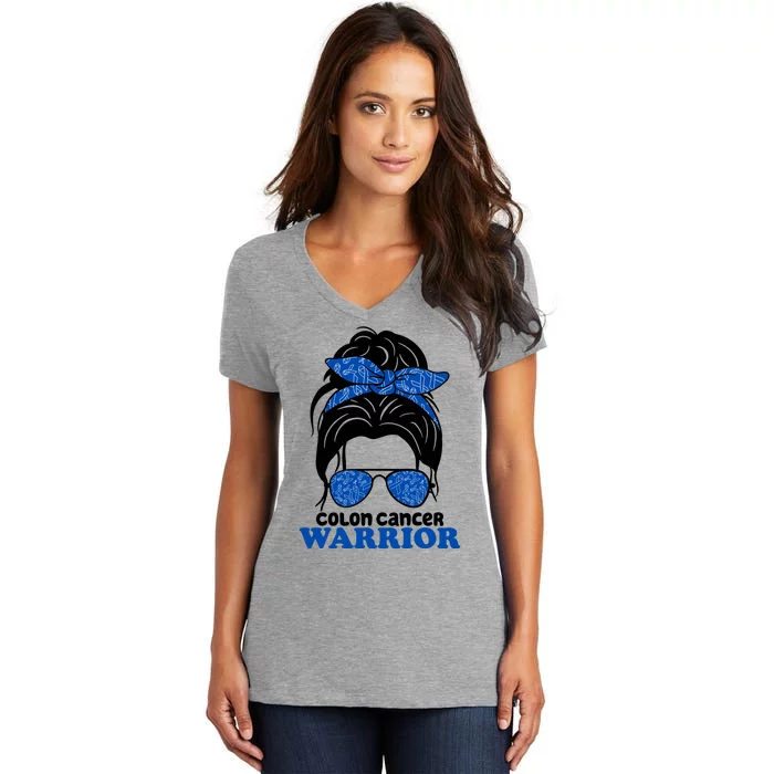 Colon Cancer Warrior Hair Bun Awareness Women's V-Neck T-Shirt