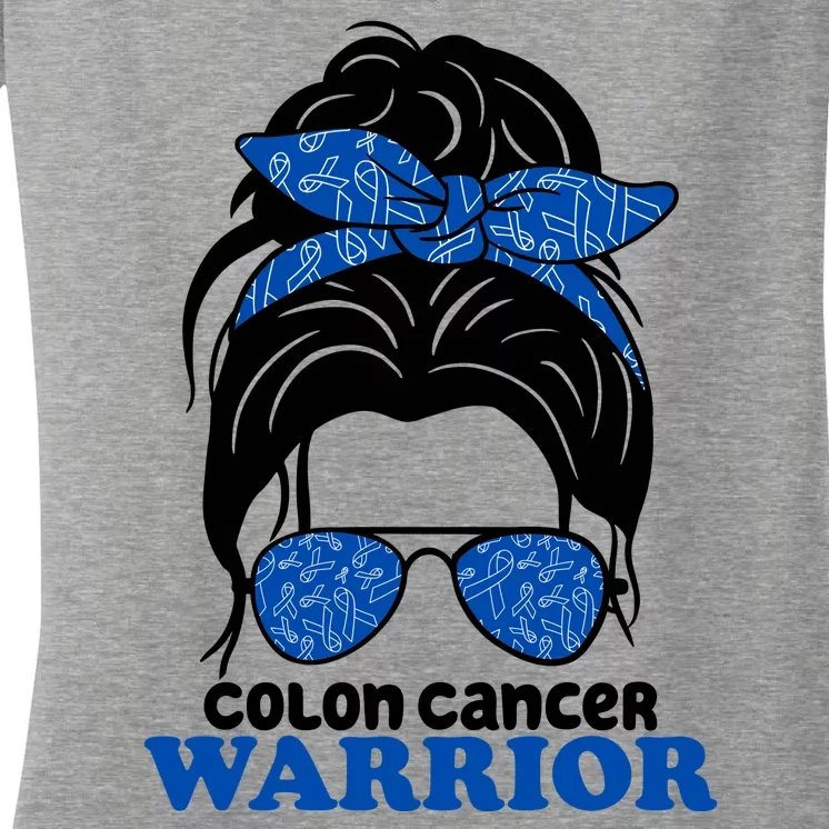 Colon Cancer Warrior Hair Bun Awareness Women's V-Neck T-Shirt