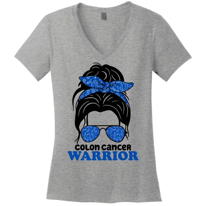 Colon Cancer Warrior Hair Bun Awareness Women's V-Neck T-Shirt