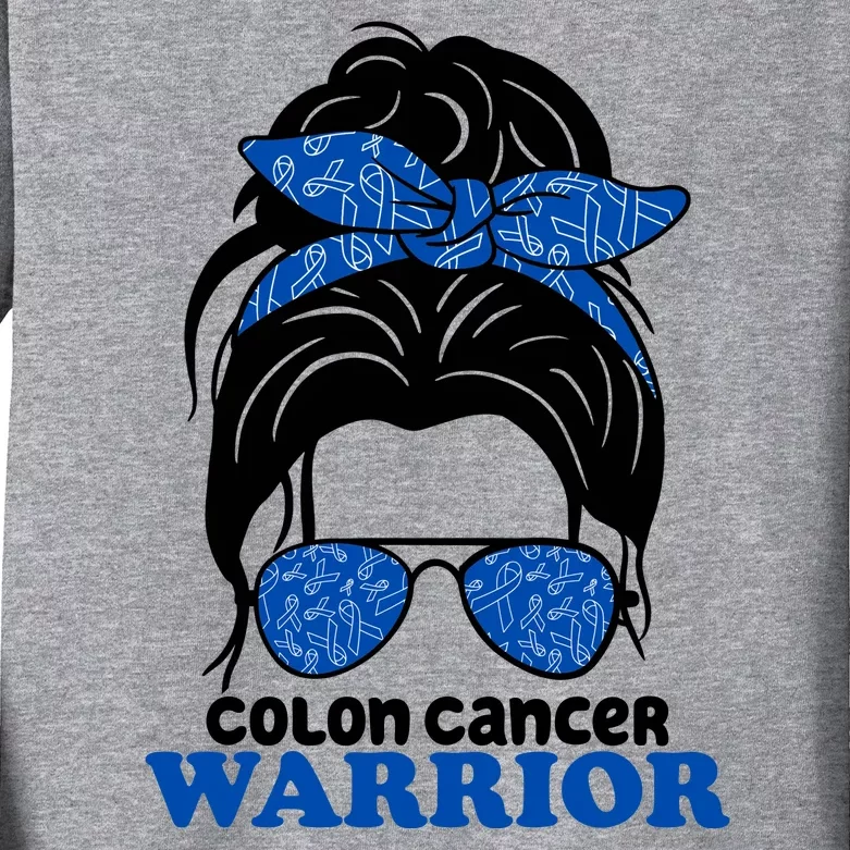 Colon Cancer Warrior Hair Bun Awareness Kids Long Sleeve Shirt