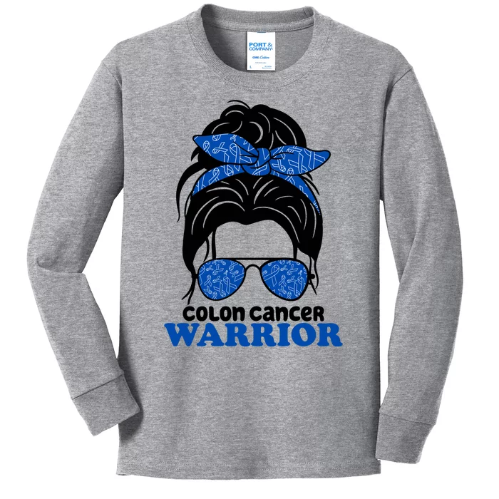 Colon Cancer Warrior Hair Bun Awareness Kids Long Sleeve Shirt