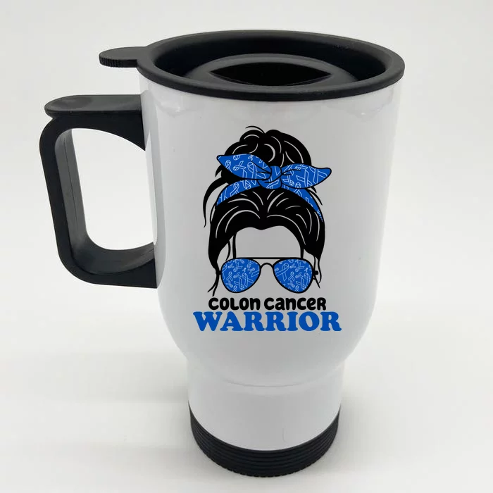 Colon Cancer Warrior Hair Bun Awareness Front & Back Stainless Steel Travel Mug