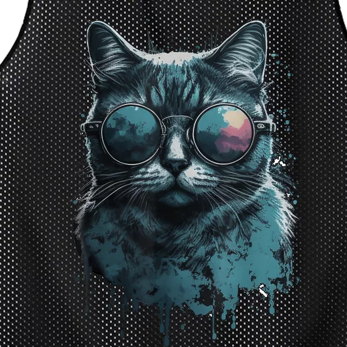 Cool Cat Wearing Sunglasses Design Wear Blue Mesh Reversible Basketball Jersey Tank