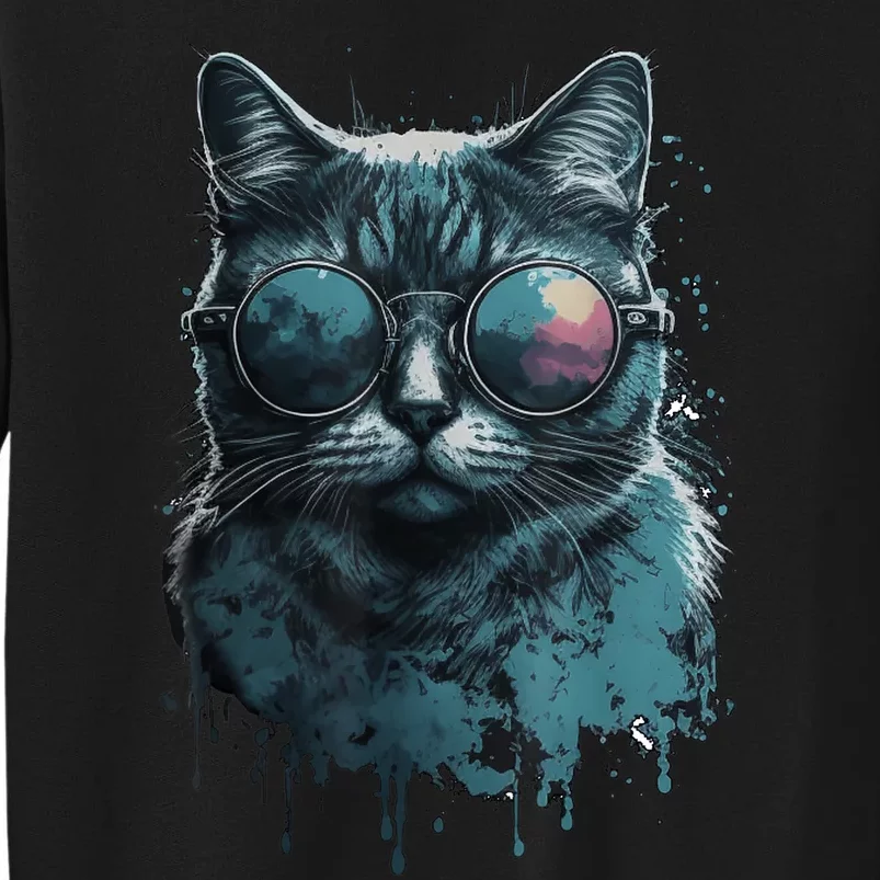 Cool Cat Wearing Sunglasses Design Wear Blue Tall Sweatshirt