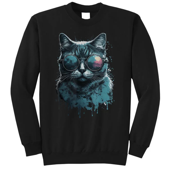 Cool Cat Wearing Sunglasses Design Wear Blue Tall Sweatshirt