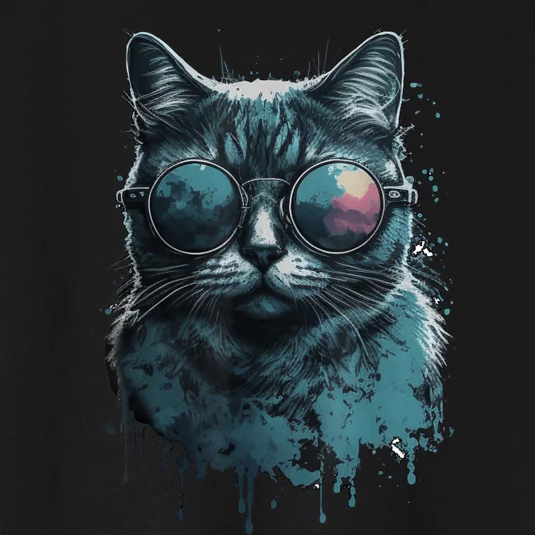 Cool Cat Wearing Sunglasses Design Wear Blue Women's Crop Top Tee