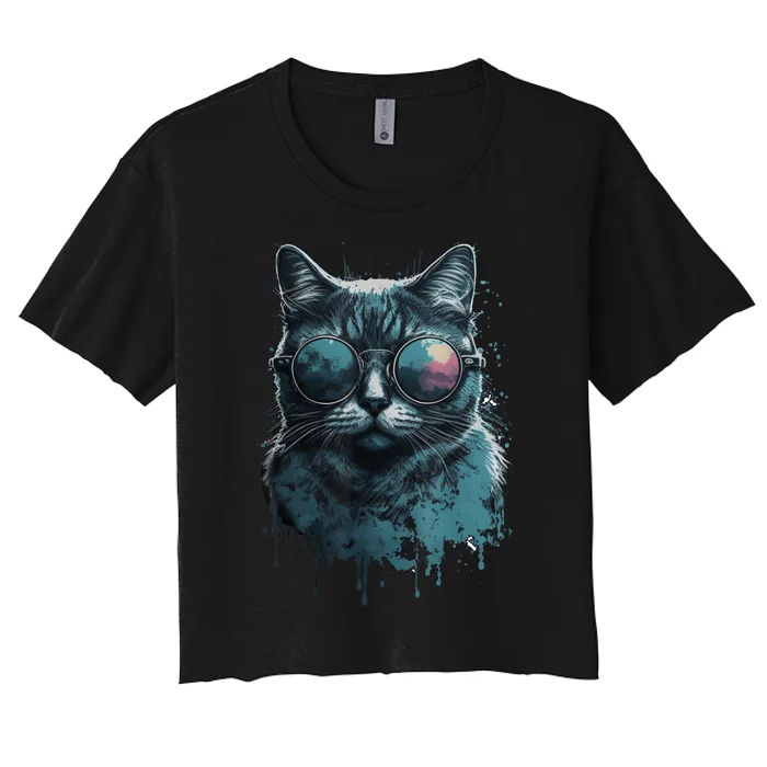 Cool Cat Wearing Sunglasses Design Wear Blue Women's Crop Top Tee