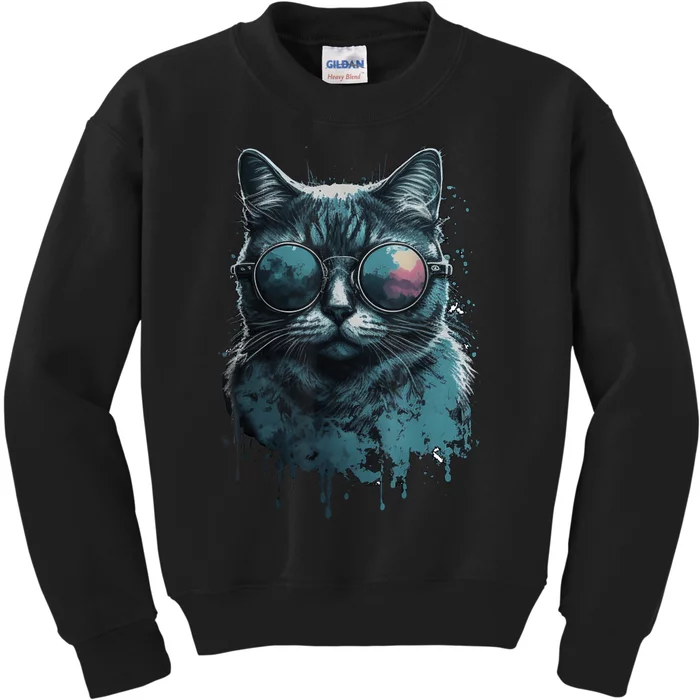 Cool Cat Wearing Sunglasses Design Wear Blue Kids Sweatshirt