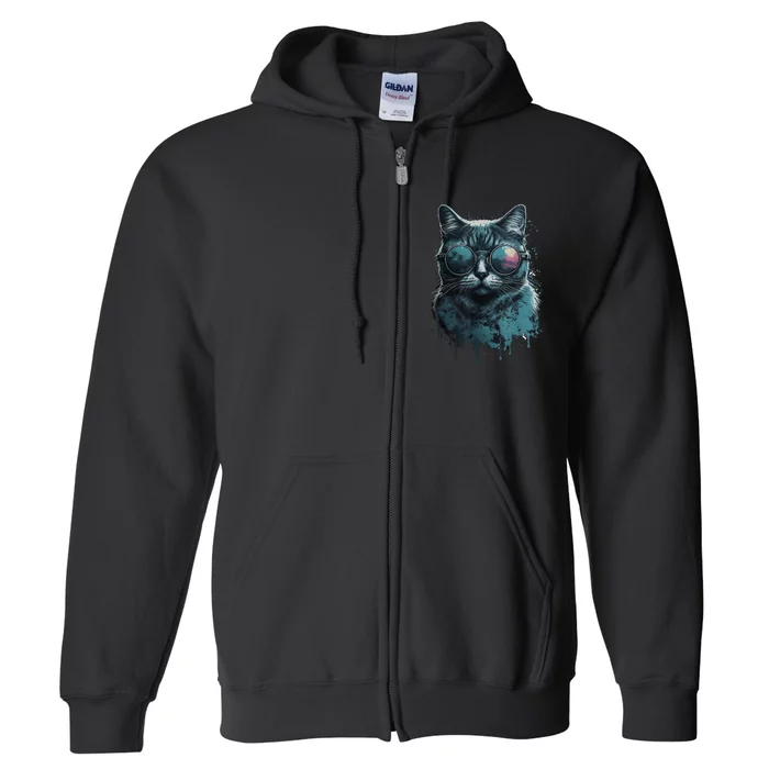 Cool Cat Wearing Sunglasses Design Wear Blue Full Zip Hoodie