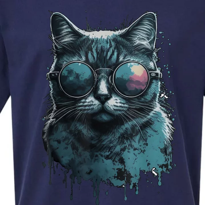 Cool Cat Wearing Sunglasses Design Wear Blue Sueded Cloud Jersey T-Shirt