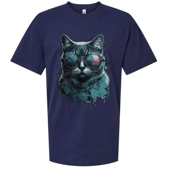 Cool Cat Wearing Sunglasses Design Wear Blue Sueded Cloud Jersey T-Shirt