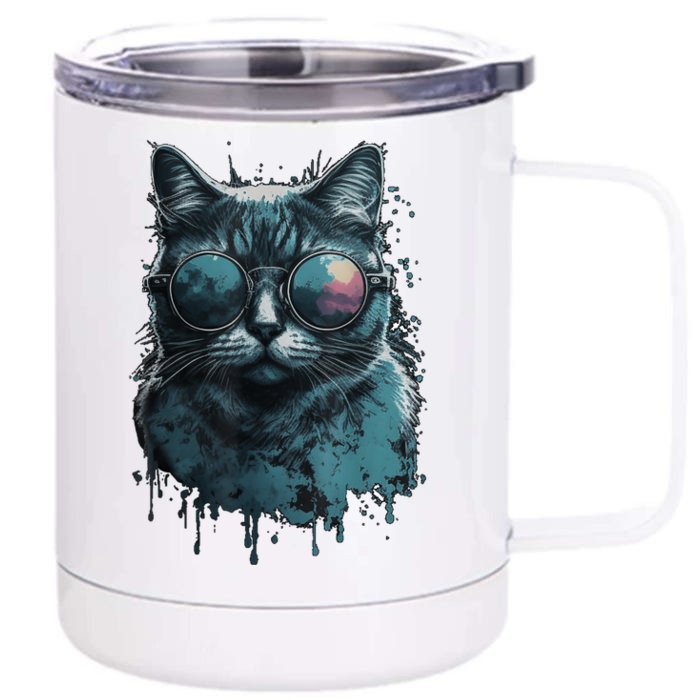 Cool Cat Wearing Sunglasses Design Wear Blue Front & Back 12oz Stainless Steel Tumbler Cup