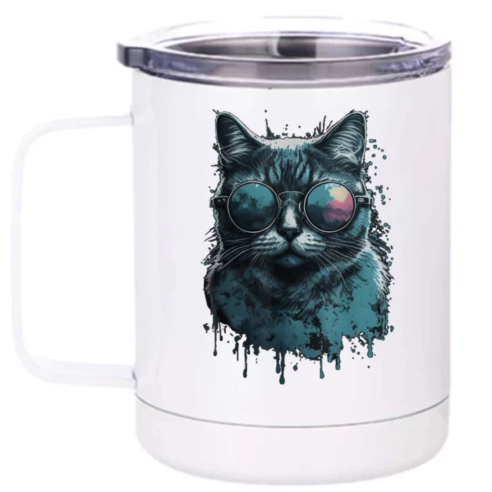 Cool Cat Wearing Sunglasses Design Wear Blue Front & Back 12oz Stainless Steel Tumbler Cup