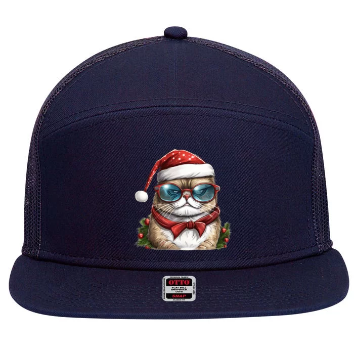 Christmas Cat With Glasses 7 Panel Mesh Trucker Snapback Hat