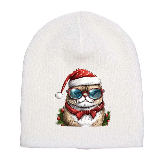 Christmas Cat With Glasses Short Acrylic Beanie