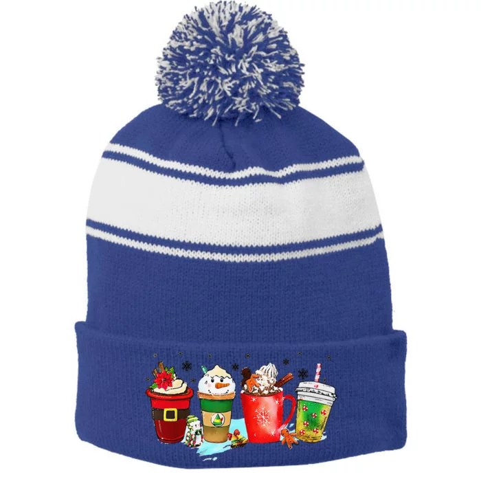 Coffee Cups Winter Snowman Cute Christmas Squad Funny Xmas Stripe Pom Pom Beanie