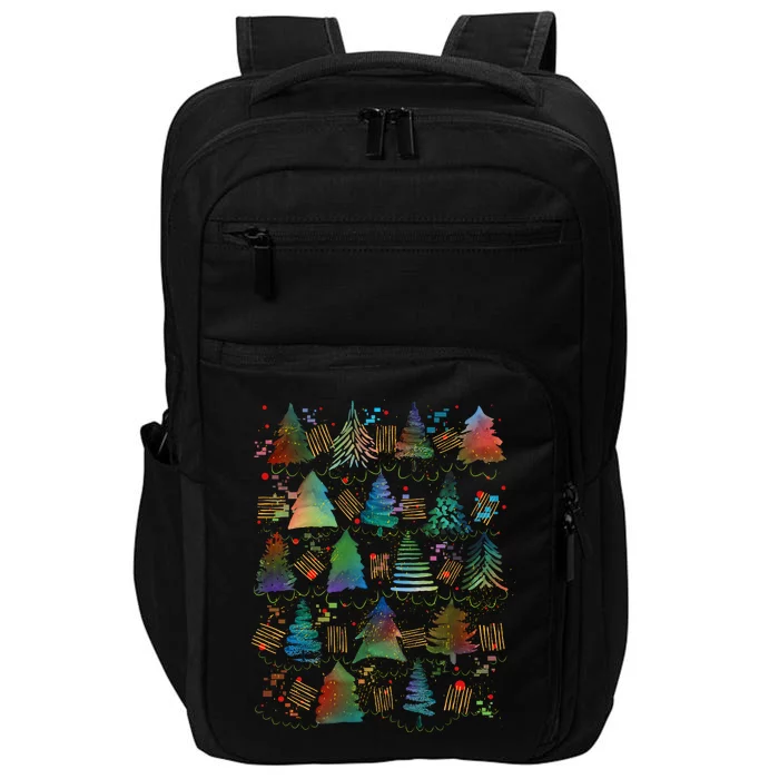 Colorful Christmas Watercolor Tree Pattern Impact Tech Backpack