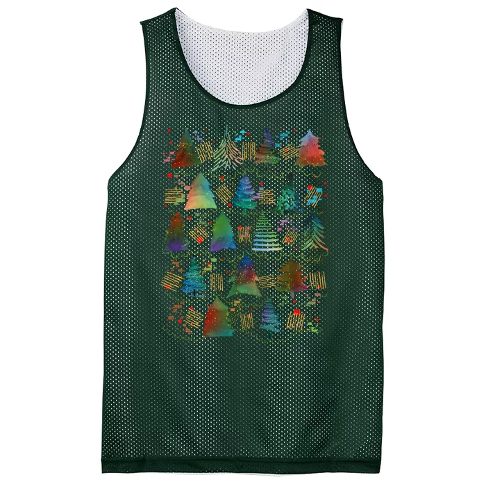 Colorful Christmas Watercolor Tree Pattern Mesh Reversible Basketball Jersey Tank