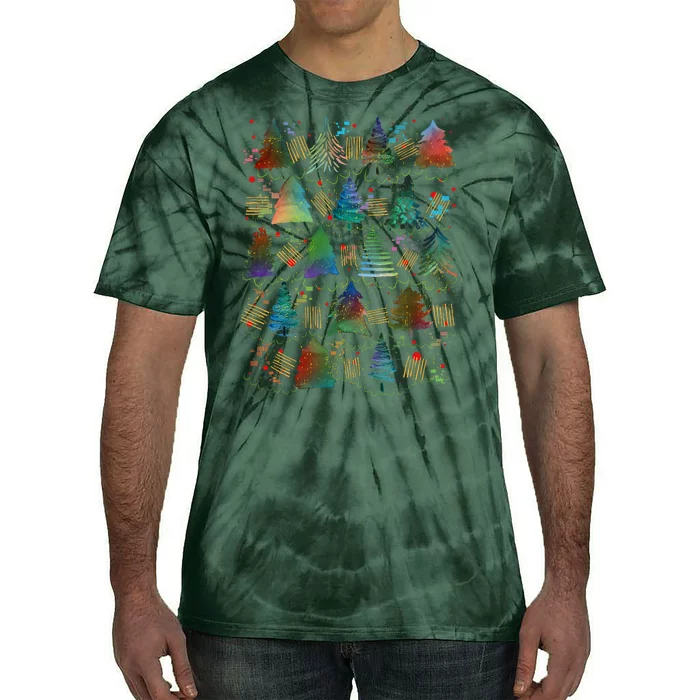 Colorful Christmas Watercolor Tree Pattern Tie-Dye T-Shirt