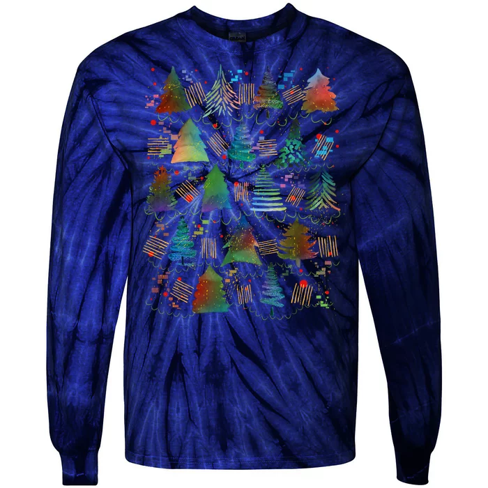 Colorful Christmas Watercolor Tree Pattern Tie-Dye Long Sleeve Shirt