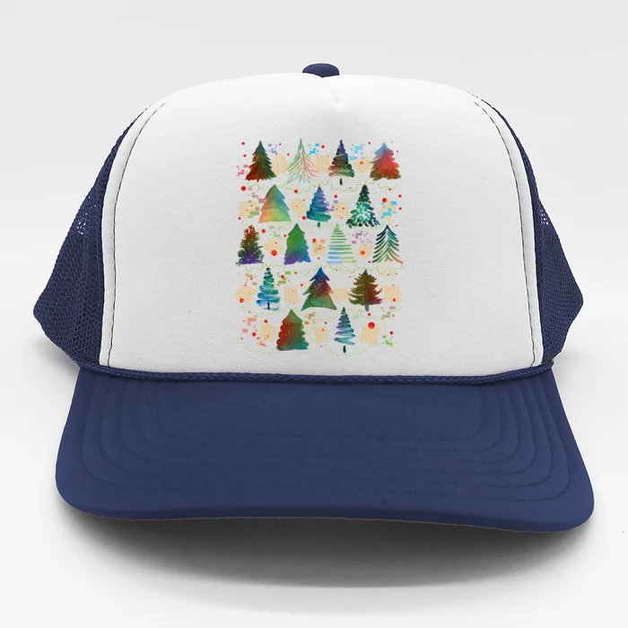 Colorful Christmas Watercolor Tree Pattern Trucker Hat