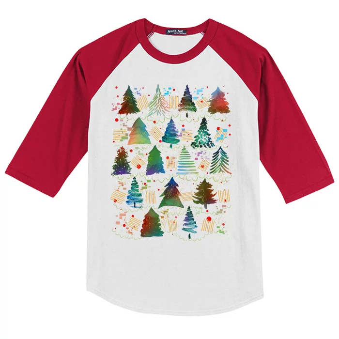 Colorful Christmas Watercolor Tree Pattern Kids Colorblock Raglan Jersey