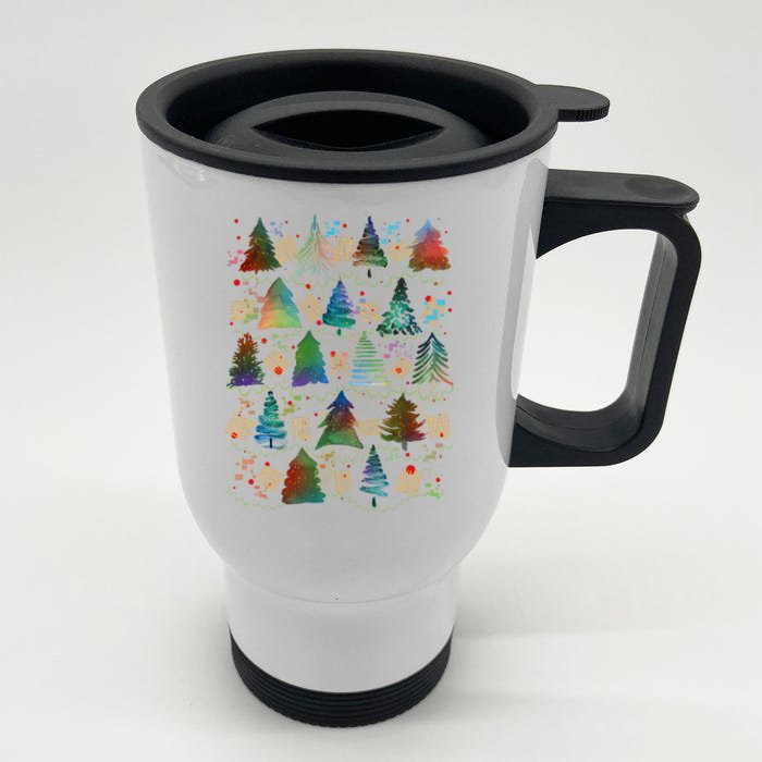 Colorful Christmas Watercolor Tree Pattern Front & Back Stainless Steel Travel Mug