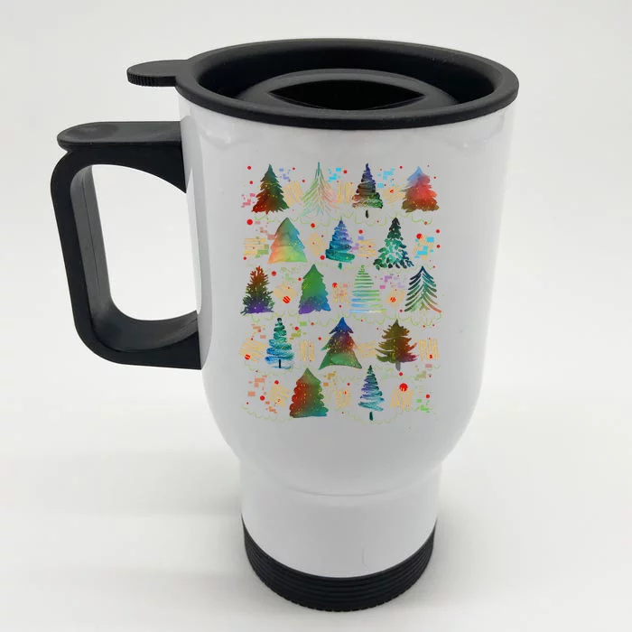 Colorful Christmas Watercolor Tree Pattern Front & Back Stainless Steel Travel Mug