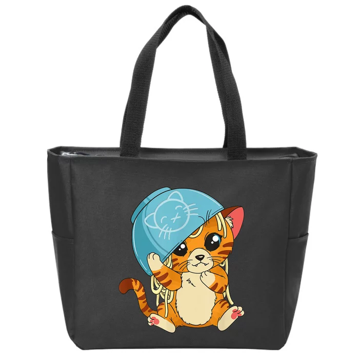 Cute Cat With Noodle Bowl Over Head Zip Tote Bag