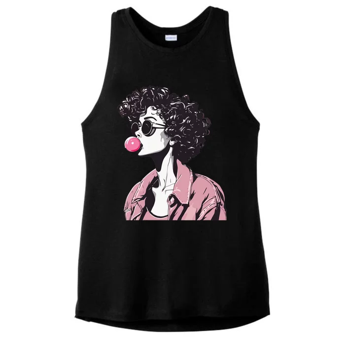 Chic Curly-Haired Woman Blowing Bubble Gum Ladies Tri-Blend Wicking Tank