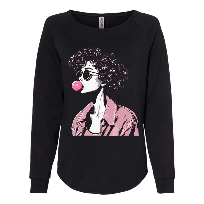 Chic Curly-Haired Woman Blowing Bubble Gum Womens California Wash Sweatshirt