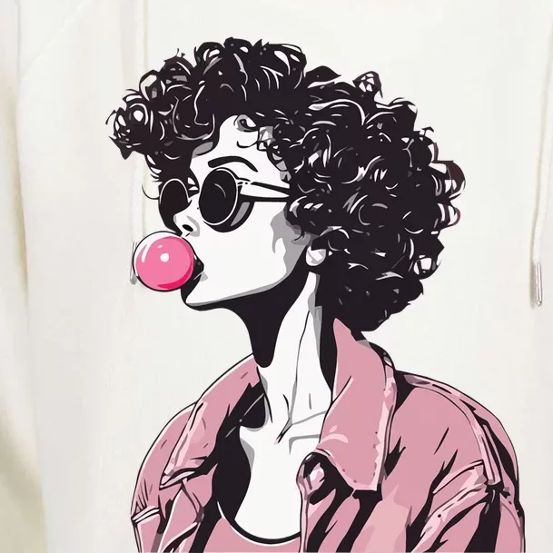 Chic Curly-Haired Woman Blowing Bubble Gum Womens Funnel Neck Pullover Hood