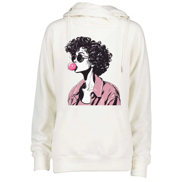 Chic Curly-Haired Woman Blowing Bubble Gum Womens Funnel Neck Pullover Hood