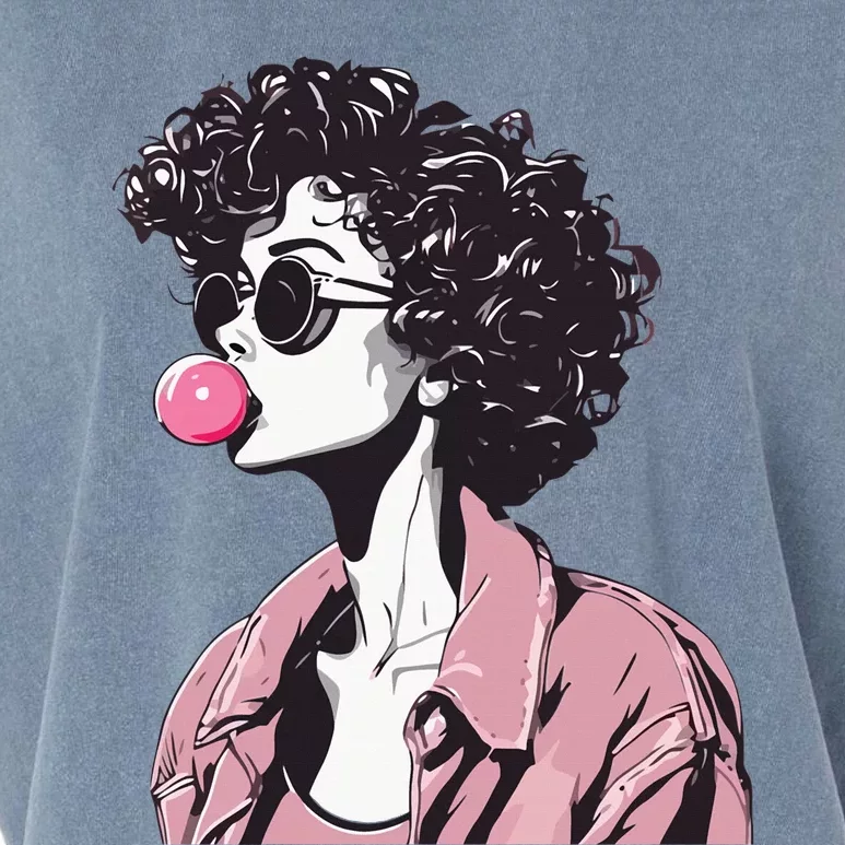 Chic Curly-Haired Woman Blowing Bubble Gum Garment-Dyed Women's Muscle Tee