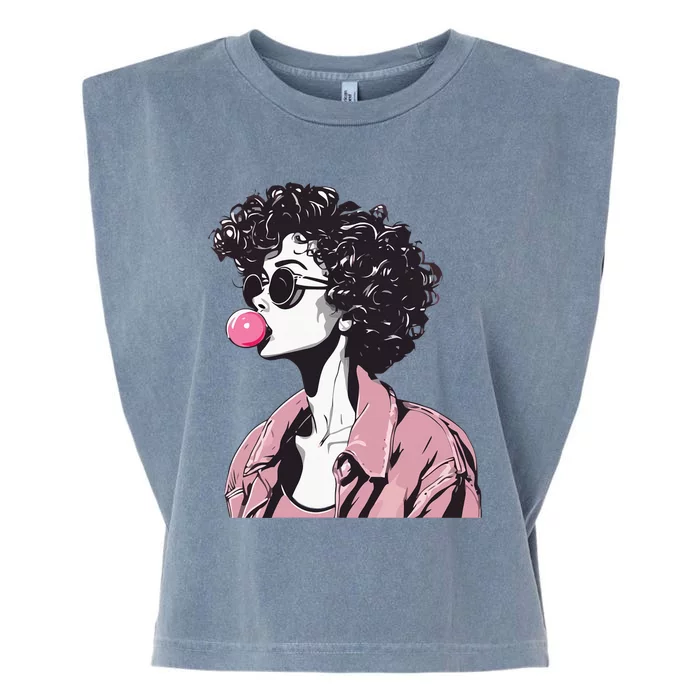 Chic Curly-Haired Woman Blowing Bubble Gum Garment-Dyed Women's Muscle Tee