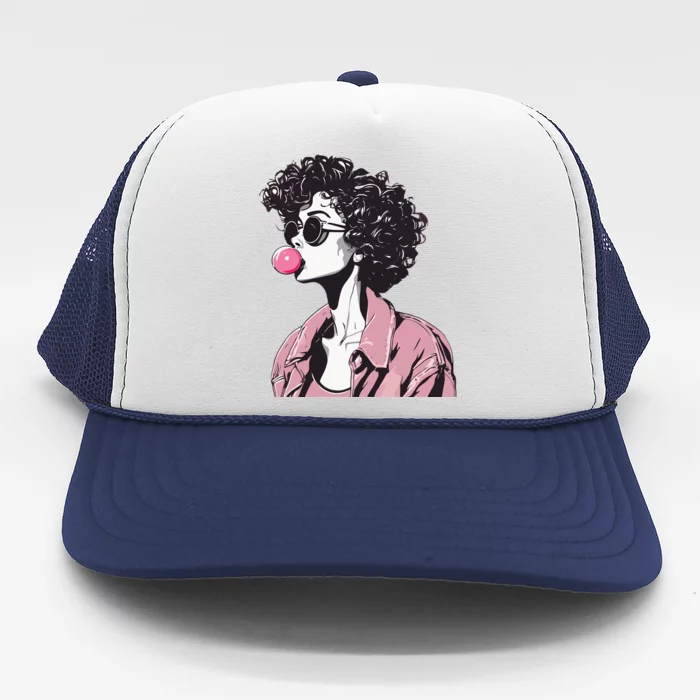 Chic Curly-Haired Woman Blowing Bubble Gum Trucker Hat