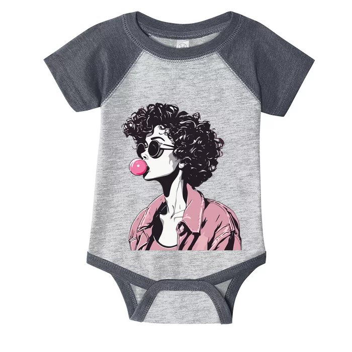 Chic Curly-Haired Woman Blowing Bubble Gum Infant Baby Jersey Bodysuit