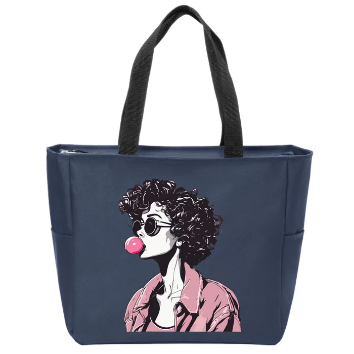 Chic Curly-Haired Woman Blowing Bubble Gum Zip Tote Bag