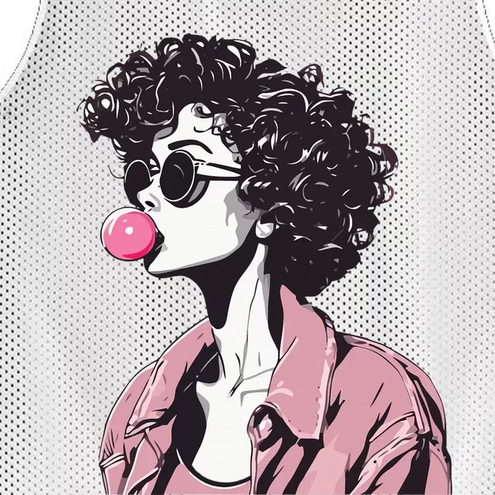 Chic Curly-Haired Woman Blowing Bubble Gum Mesh Reversible Basketball Jersey Tank