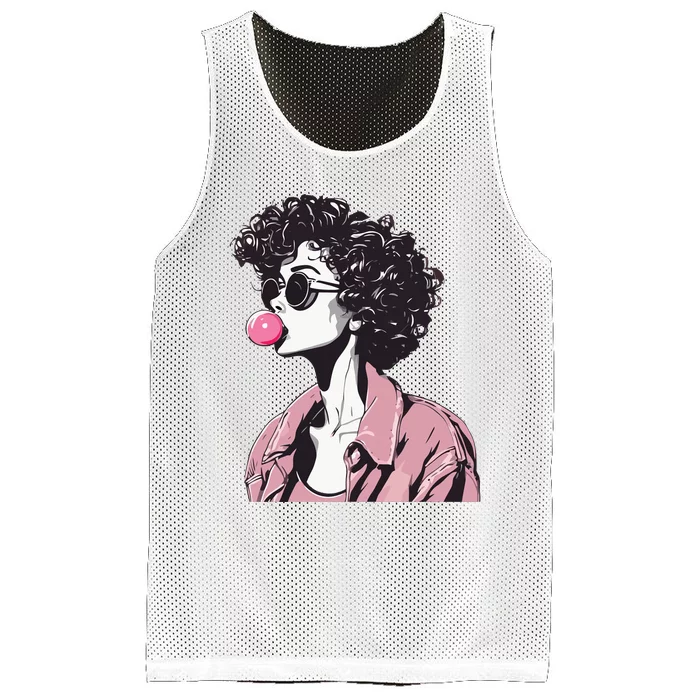 Chic Curly-Haired Woman Blowing Bubble Gum Mesh Reversible Basketball Jersey Tank