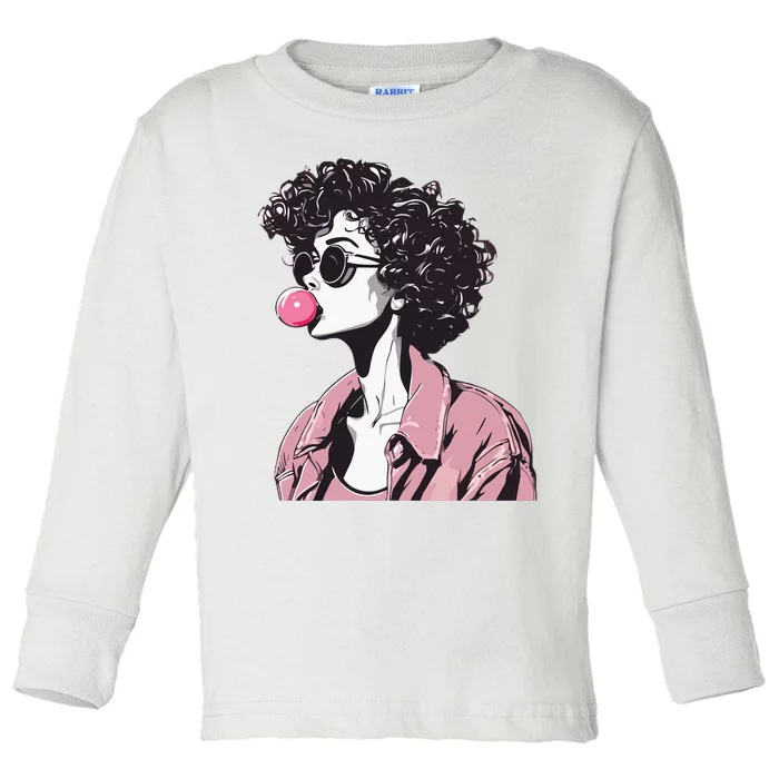 Chic Curly-Haired Woman Blowing Bubble Gum Toddler Long Sleeve Shirt