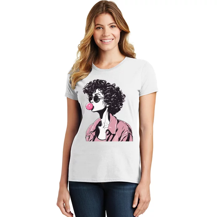 Chic Curly-Haired Woman Blowing Bubble Gum Women's T-Shirt