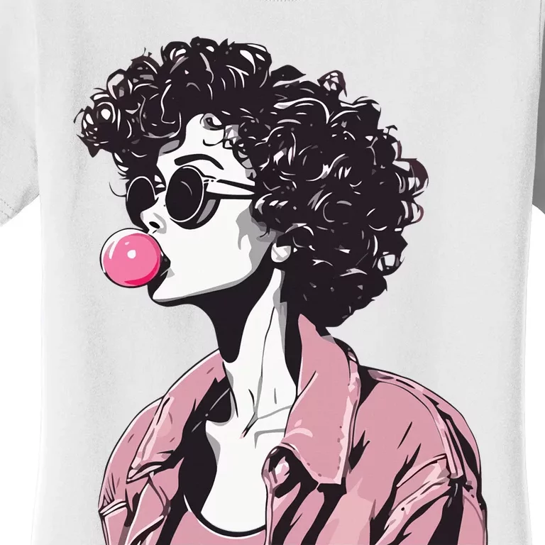 Chic Curly-Haired Woman Blowing Bubble Gum Women's T-Shirt