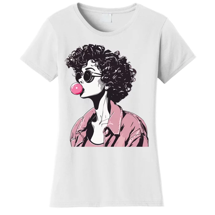 Chic Curly-Haired Woman Blowing Bubble Gum Women's T-Shirt