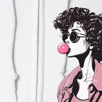 Chic Curly-Haired Woman Blowing Bubble Gum Full Zip Hoodie