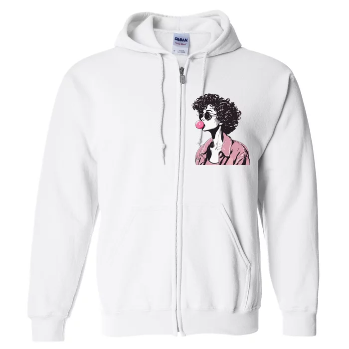 Chic Curly-Haired Woman Blowing Bubble Gum Full Zip Hoodie