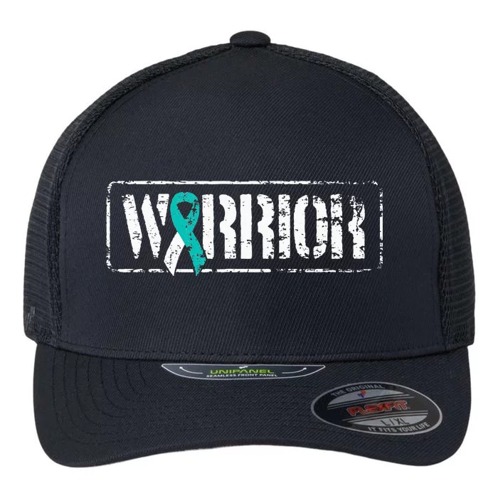 Cervical Cancer Warrior Teal and White Awareness Flexfit Unipanel Trucker Cap