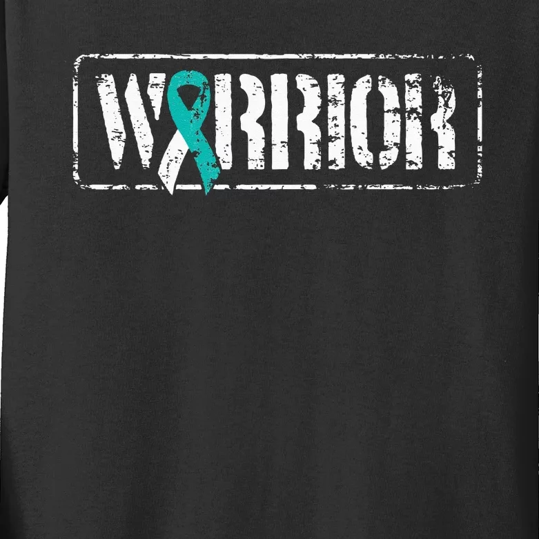 Cervical Cancer Warrior Teal White MilitaryStyle Ribbon Kids Long Sleeve Shirt