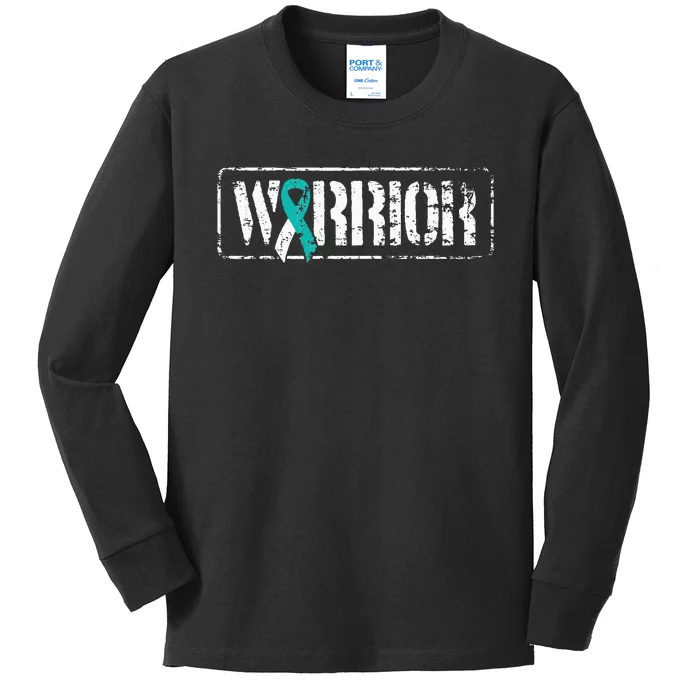 Cervical Cancer Warrior Teal White MilitaryStyle Ribbon Kids Long Sleeve Shirt